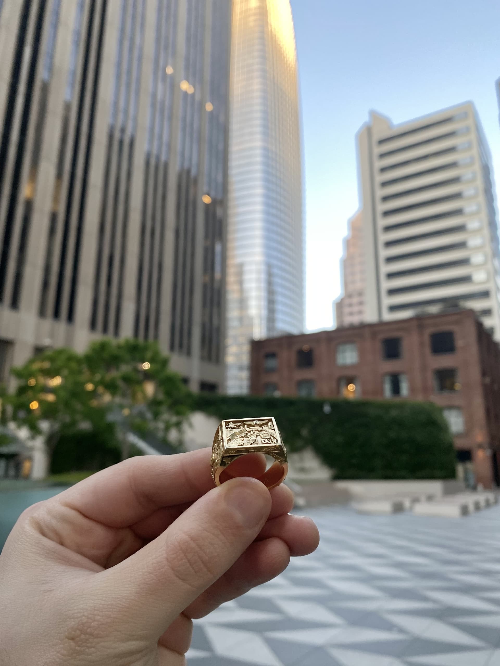 Avrati ring held against city skyline
